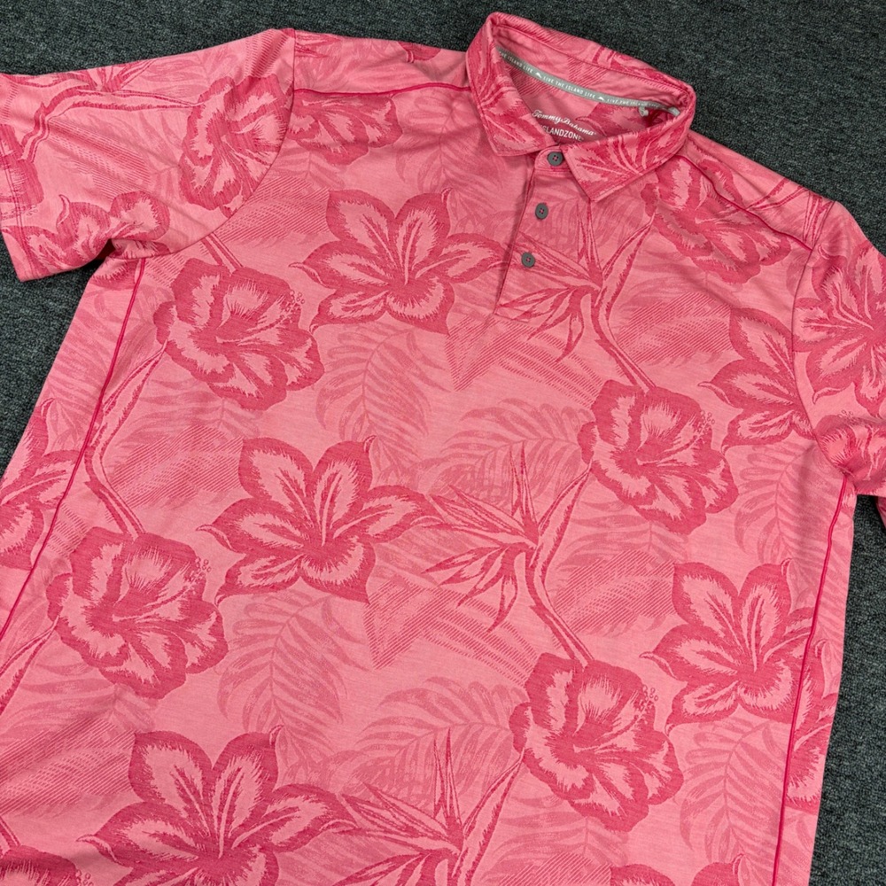 Tommy Bahama Polo Shirt Mens 2XLT Pink IslandZone Tropical Hibiscus Floral Print